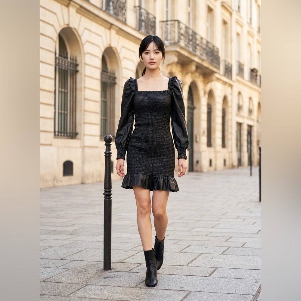 7 For All Mankind Faux Leather Black Smocked Mini Dress
